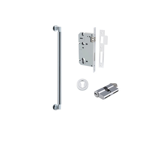 Pull Handle Berlin Euro Pair Polished Chrome L485xW22xP63mm CTC450 mm BPD35mm, Mortice Lock Roller Euro Polished Chrome CTC85mm Backset 60mm, Euro Cylinder Dual Function 5 Pin KA4, Escutcheon Euro Concealed Fix Round Pair D52xP10mm in Polished Chrome