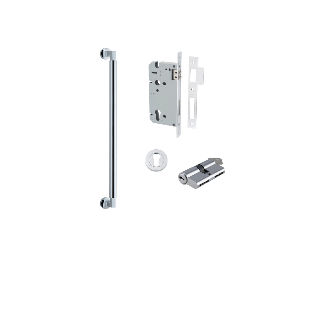 Pull Handle Berlin Euro Pair Polished Chrome L485xW22xP63mm CTC450 mm BPD35mm, Mortice Lock Roller Euro Polished Chrome CTC85mm Backset 60mm, Euro Cylinder Dual Function 5 Pin KA4, Escutcheon Euro Concealed Fix Round Pair D52xP10mm in Polished Chrome