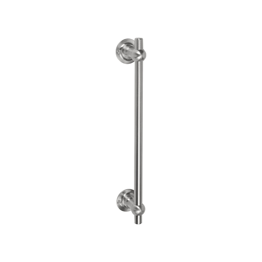 Pair of Formani FERROVIA entrance pull handles with back-to-back fixing, showcasing sleek metallic design and modern hardware finish.