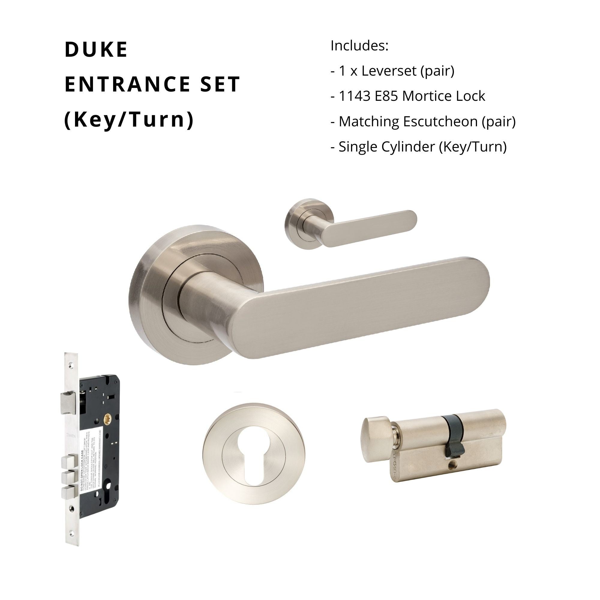 Duke Entrance Set - Includes 10090, 1143, 7020.2 & 1122 (60mm Key/Turn) in Brushed Nickel