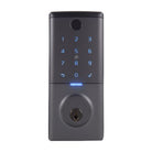 Allegion Gainsborough Mode Smart Deadbolt installed on a door, featuring a sleek black finish and digital keypad for secure access.