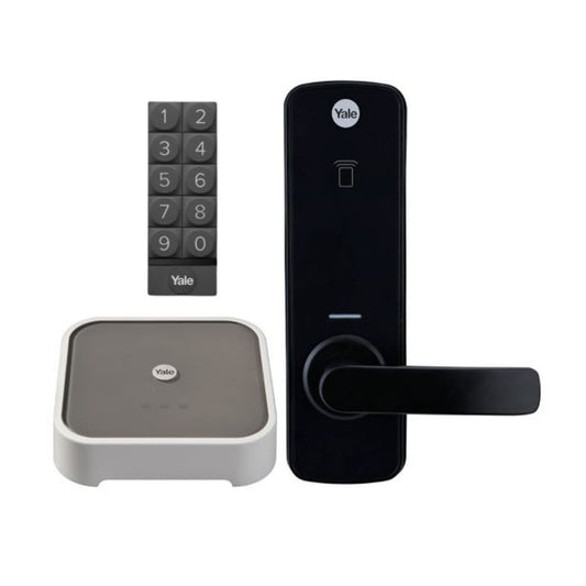 YALE UNITY ENTRANCE LOCK MATT BLACK WITH CONNECT PLUS BRIDGE AND SMART KEYPAD in Matt Black