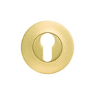 Momo EURO cylinder escutcheon set in brushed brass finish with two cover plates and a keyhole opening for door security.