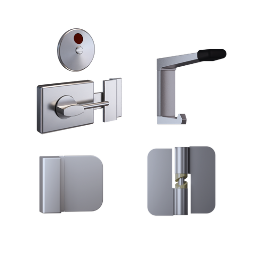 Essential Concealed SCP Ambulant Kit- Contains; 3x 106C RHHO Gravity Hinges, 1 x 300 AMB Indicator Set, 1x 101c Bumper, 1x 202C Coat Hook & Universal Screw Fixings   in Satin Chrome