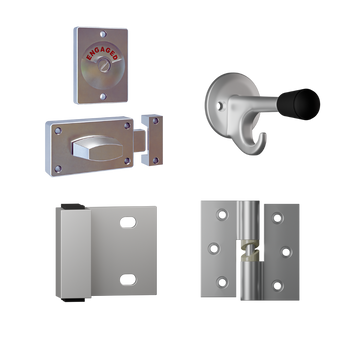 Essential Non-Concealed SCP Kit- Contains; 3x 106 RHHO Gravity Hinges, 1x 100 Lockset, 1x 101 Bumper, 1x 102 Hook & Universal Screw Fixings   in Satin Chrome