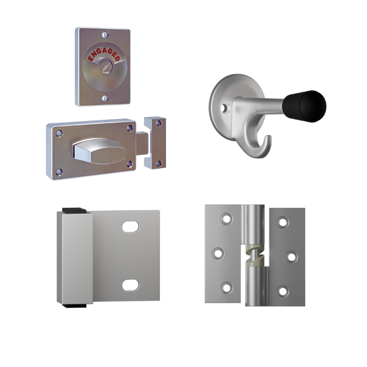 Essential Non-Concealed SCP Kit- Contains; 3x 106 RHHO Gravity Hinges, 1x 100 Lockset, 1x 101 Bumper, 1x 102 Hook & Universal Screw Fixings   in Satin Chrome