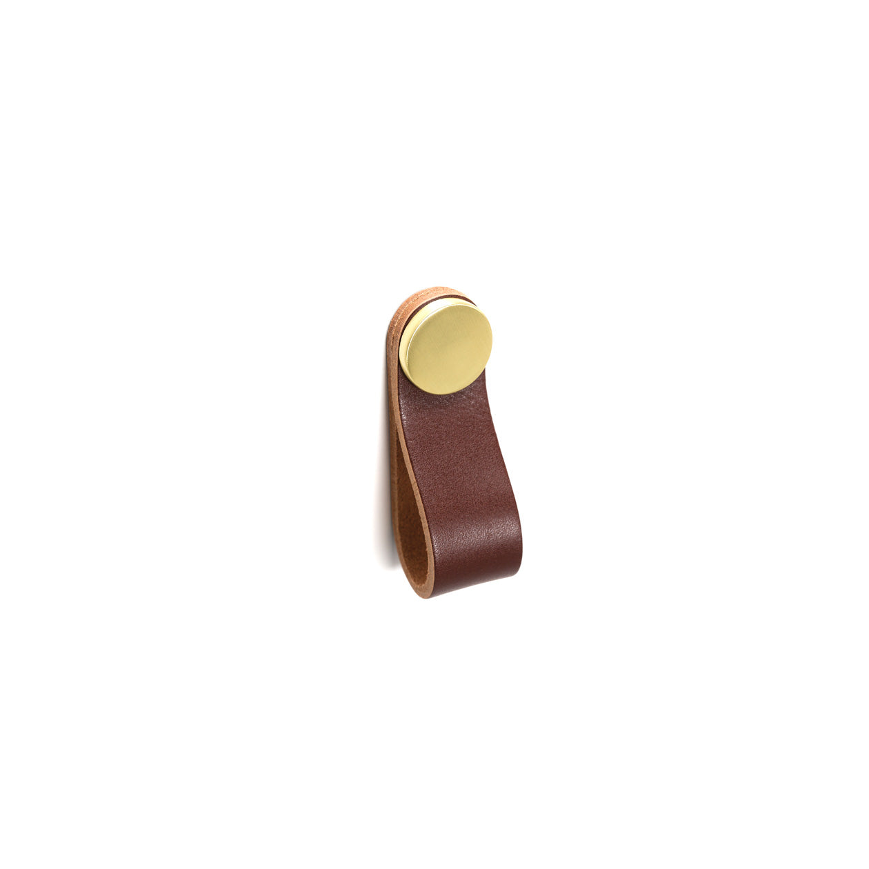 Momo FLEXA Leather Pull handle in dark brown with brass accents, designed for furniture or cabinetry.