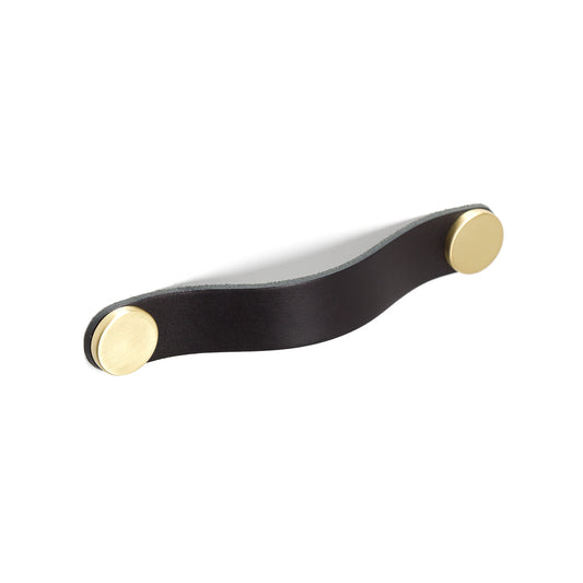 FLEXA LEATHER D HANDLE 160MM BLACK WITH BRASS BUTTON in Black / Brass