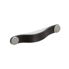 Momo FLEXA leather cabinet pull handle in black and white, featuring a sleek leather strap with metal hardware for modern furniture.