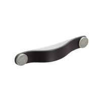 Momo FLEXA leather cabinet pull handle in black and white, featuring a sleek leather strap with metal hardware for modern furniture.