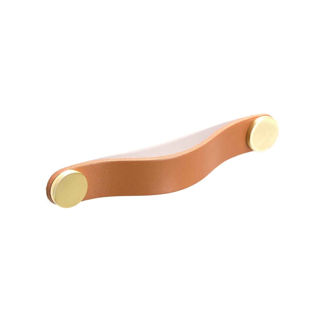 Momo FLEXA Leather Cabinet Pull Handle in light brown leather with metal mounting hardware for furniture drawers and cabinets.