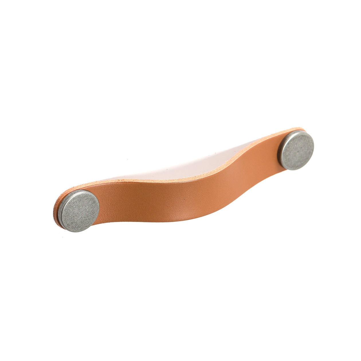 Momo FLEXA leather cabinet pull handle in light tan leather with metal mounting brackets for furniture drawers or cabinets.