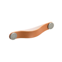 Momo FLEXA leather cabinet pull handle in light tan leather with metal mounting brackets for furniture drawers or cabinets.