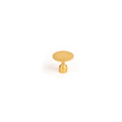 Brass Momo FLOID cabinet knob with sleek design, mounted on a wooden cabinet door.