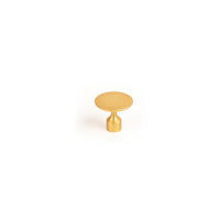Brass Momo FLOID cabinet knob with sleek design, mounted on a wooden cabinet door.