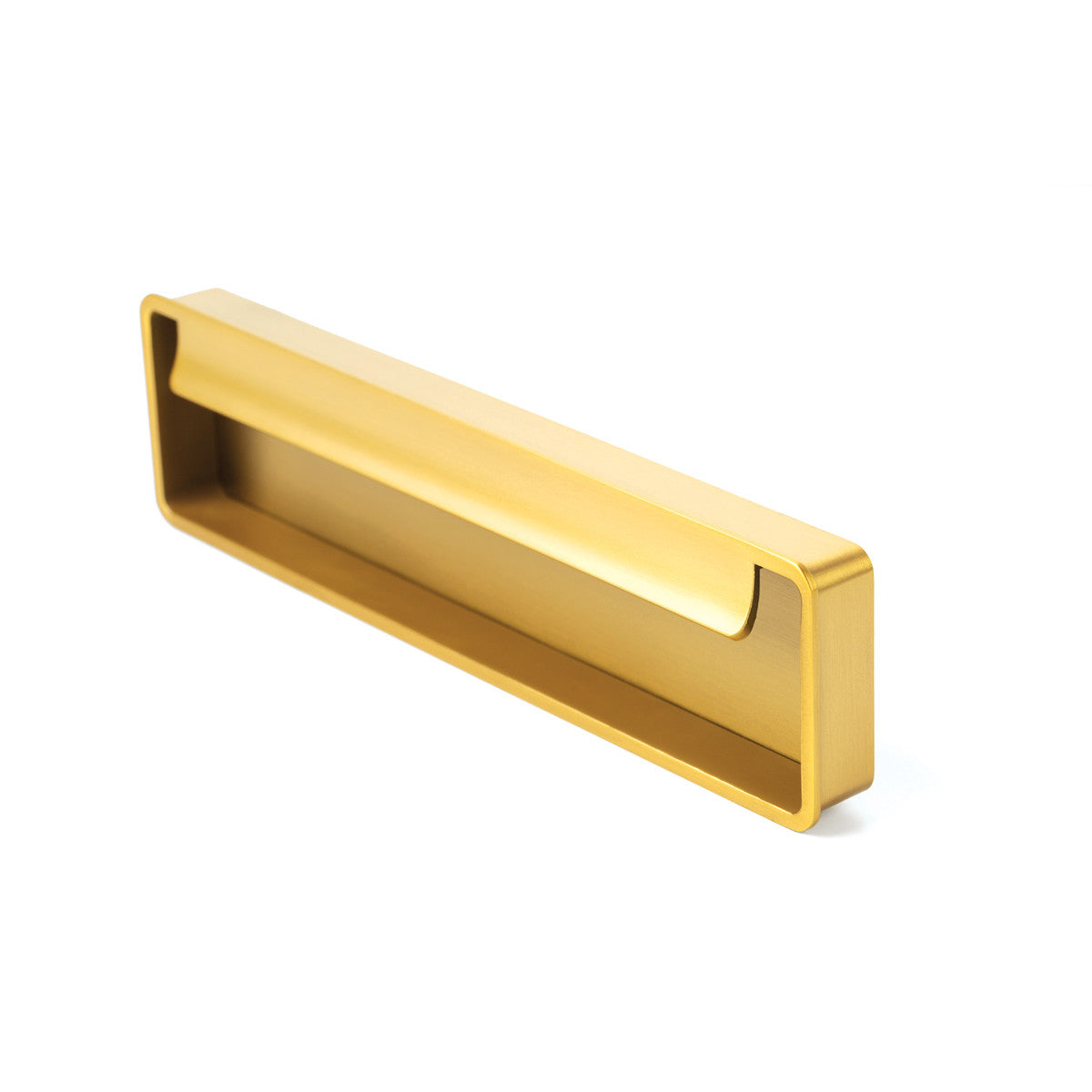 Brushed brass Momo FOLD flush pull handle with sleek, modern design for furniture or cabinetry.