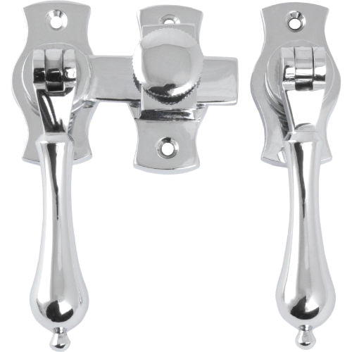 French Door Fastener Teardrop Chrome Plated Backplate H54xW29mm P31mm in Chrome Plated