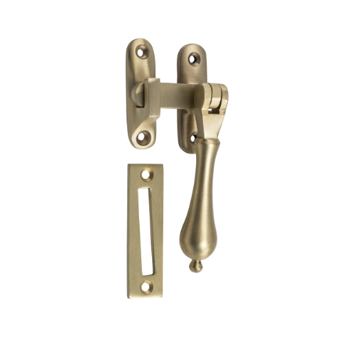 Casement Fastener Teardrop Long Throw Satin Brass W50xP30mm Drop 95mm in Satin Brass