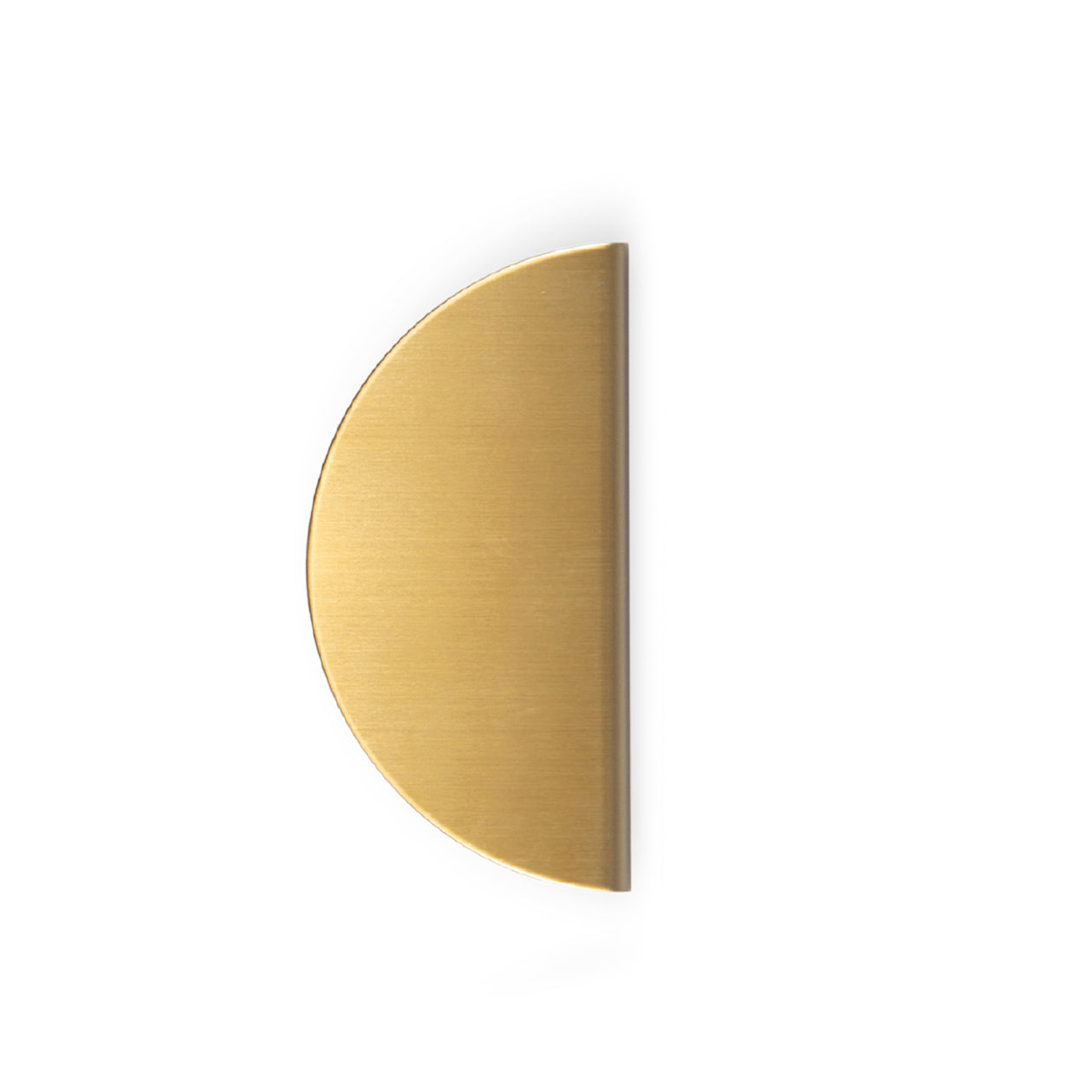 Momo SOLA Half Round Lip Pull handle in brushed brass finish, mounted on a door or drawer for modern furniture design.