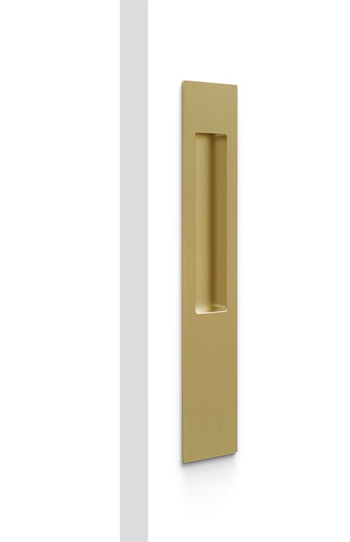 Mardeco long plate flush pull handle in brushed finish, mounted on a modern cabinet or drawer front.