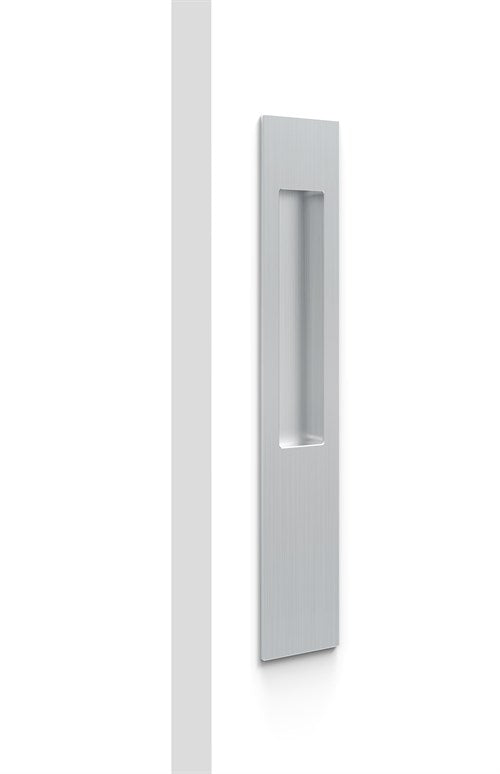 Mardeco Long Plate Flush Pull handle with sleek silver finish, mounted on a door or cabinet for modern interior design.