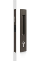 Mardeco Flush Pull Euro sliding door lockset with brass finish and sleek design, featuring a flush pull handle and lock mechanism.