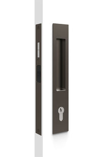 Mardeco Flush Pull Euro sliding door lockset with brass finish and sleek design, featuring a flush pull handle and lock mechanism.