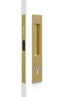 Mardeco flush pull euro sliding door lockset with silver finish, featuring sleek handle and lock mechanism for modern interior doors
