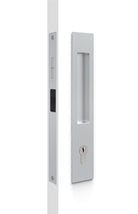 Mardeco flush pull euro sliding door lockset with sleek handle and lock mechanism, shown in a modern silver finish.