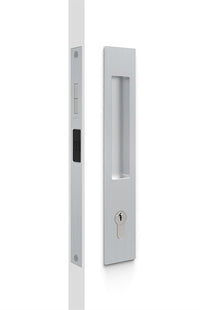 Mardeco flush pull euro sliding door lockset with sleek handle and lock mechanism, shown in a modern silver finish.