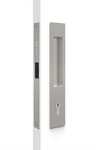 Mardeco flush pull euro sliding door lockset in satin nickel finish with sleek, modern design and visible lock mechanism.