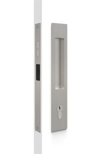 Mardeco flush pull euro sliding door lockset in satin nickel finish with sleek, modern design and visible lock mechanism.