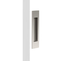 Mardeco sliding door flush pull in brushed nickel finish, mounted on a modern interior door for smooth operation and sleek design.
