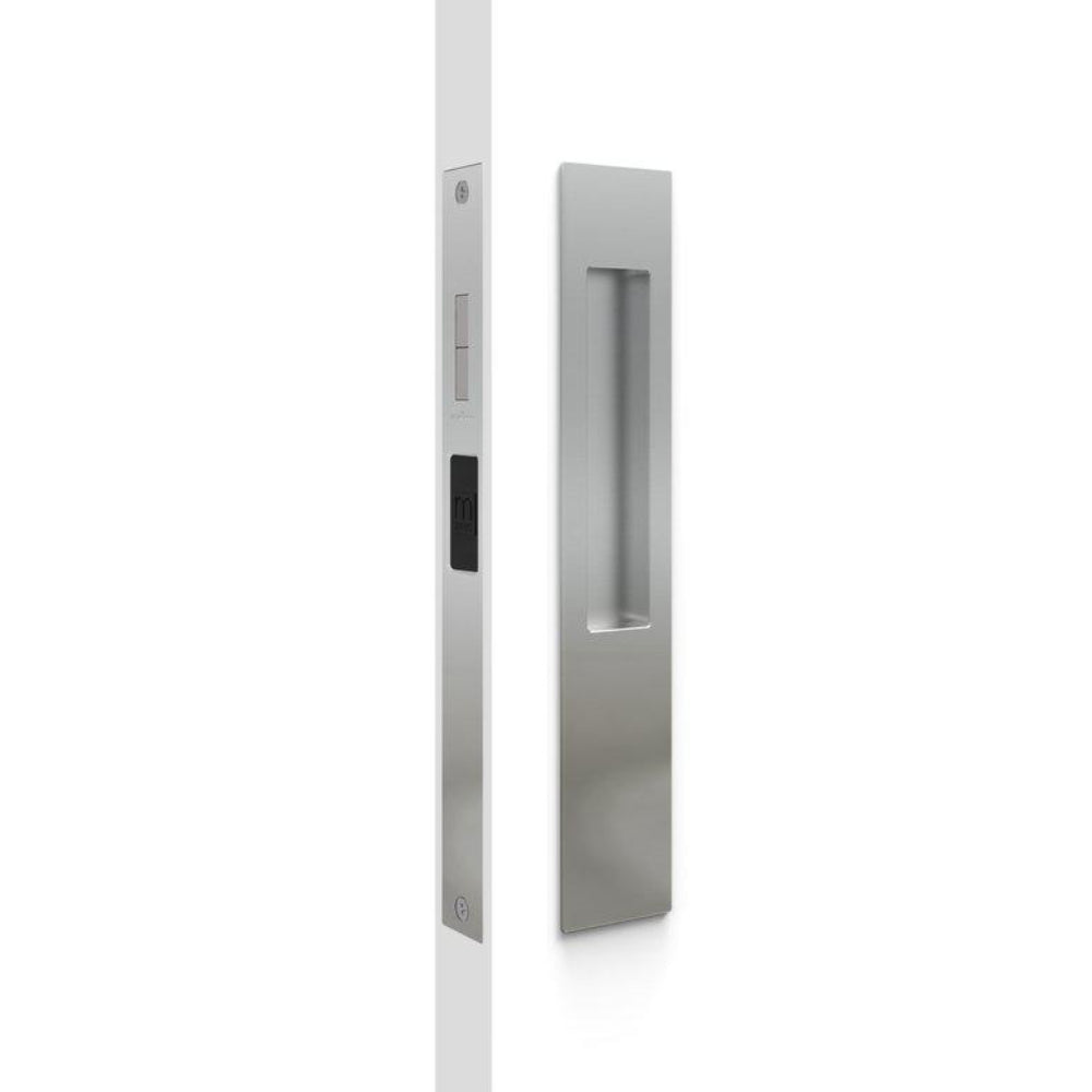 Mardeco M Series flush pull snib lockset installed on a door, showcasing sleek metal design and latch mechanism