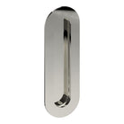 Oval flush pull handle by Style Finish Doorware, 150mm x 50mm, shown in a sleek metallic finish on a door.