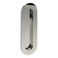 Oval flush pull handle by Style Finish Doorware, 150mm x 50mm, shown in a sleek metallic finish on a door.
