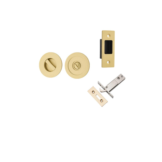 Sliding Door Pull Round Privacy Brushed Gold PVD D60xP2.5mm with Tube Latch Mechanism 60mm Backset, Sliding Door Edge Pull & Tube Latch Keeper Adjustable in Brushed Gold PVD