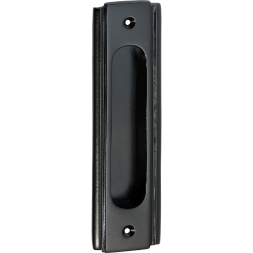 Tradco traditional flush pull handle with a sleek, polished finish, designed for cabinet or drawer doors.