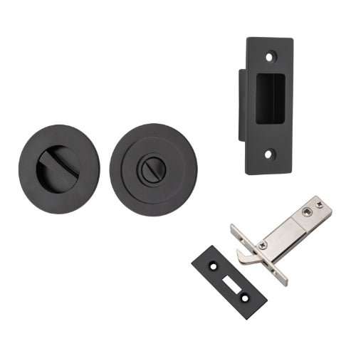 Sliding Door Pull Round Privacy Matt Black D60xP2.5mm with Tube Latch Mechanism 60mm Backset, Sliding Door Edge Pull & Tube Latch Keeper Adjustable in Matt Black
