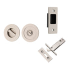Sliding Door Pull Round Privacy Satin Nickel D60xP2.5mm with Tube Latch Mechanism 60mm Backset, Sliding Door Edge Pull & Tube Latch Keeper Adjustable in Satin Nickel