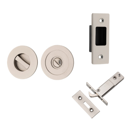 Sliding Door Pull Round Privacy Satin Nickel D60xP2.5mm with Tube Latch Mechanism 60mm Backset, Sliding Door Edge Pull & Tube Latch Keeper Adjustable in Satin Nickel