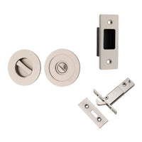 Sliding Door Pull Round Privacy Satin Nickel D60xP2.5mm with Tube Latch Mechanism 60mm Backset, Sliding Door Edge Pull & Tube Latch Keeper Adjustable in Satin Nickel