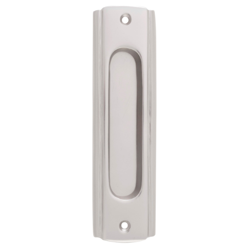 Tradco traditional flush pull handle with a polished brass finish, mounted on a door or drawer for easy opening.