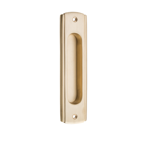 Tradco traditional flush pull handle with a polished brass finish, featuring a sleek, curved design for cabinet or drawer installation.