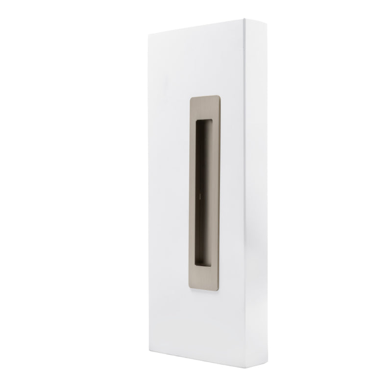 Windsor LUME sliding door flush pull in brushed nickel finish, modern hardware for interior sliding doors, mounted on a door surface