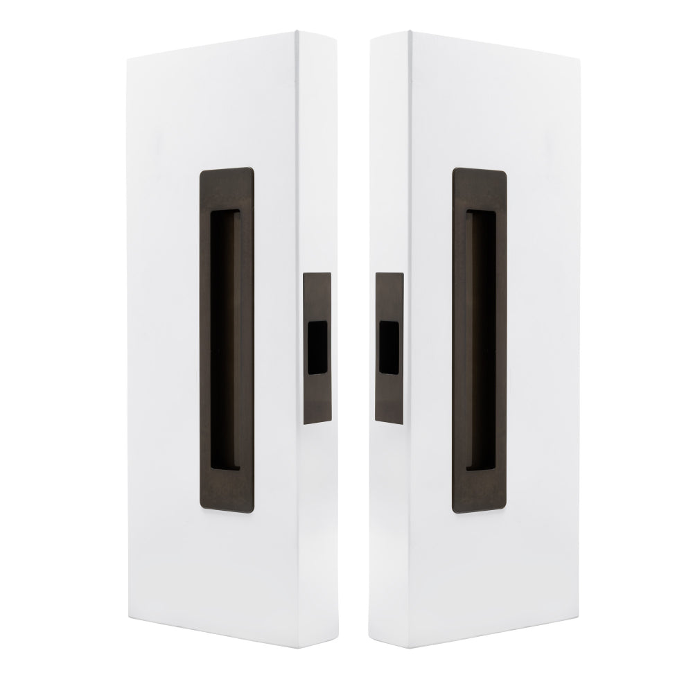 Windsor LUME sliding door flush pulls passage set with sleek brushed nickel finish, featuring modern, minimalist design for interior doors.