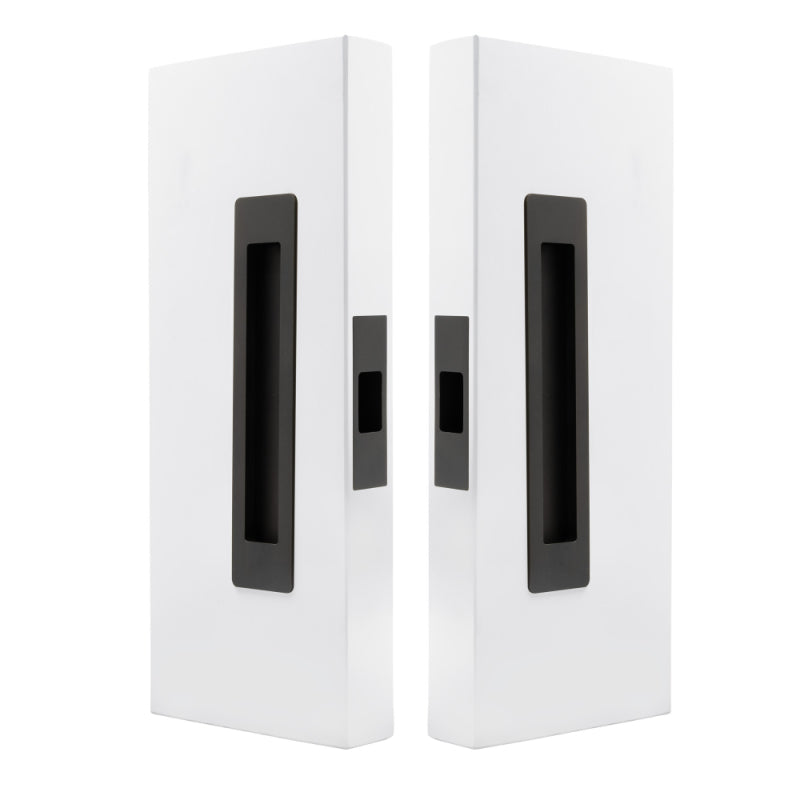 Windsor LUME sliding door flush pulls passage set with sleek dark bronze finish, installed on a modern interior door.