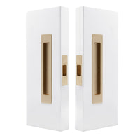 Windsor LUME sliding door flush pulls passage set with sleek, modern design and brushed finish, mounted on a door.