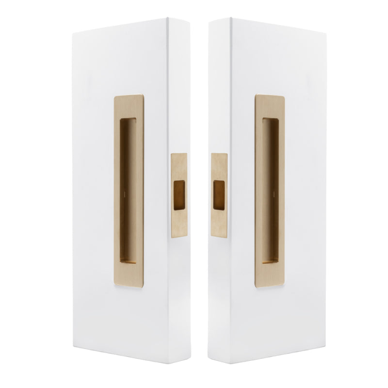 Windsor LUME sliding door flush pulls passage set with sleek, modern design and brushed finish, mounted on a door.