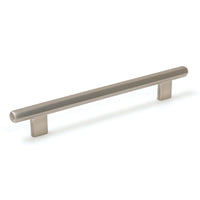 Momo Hendrix cabinet pull handle in dark bronze finish, showcasing sleek curved design on light wood cabinet surface.